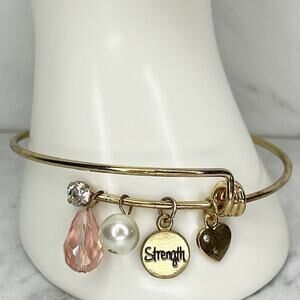 Rhinestone Faux Pearl Heart Strength Charm Beaded Bangle Bracelet